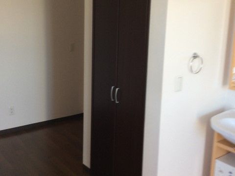 黒い２枚の扉には、銀色の取っ手がついている。ドアの内側はクローゼットで、お洋服をしまってホコリを防いで保管できる。