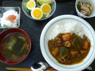 カレー、サラダ、小鉢、フルーツ入りのヨーグルトが並んでいる。栄養バランスが取れ、満足できる食事が提供されている。
