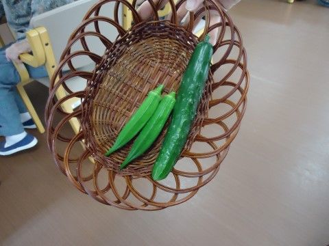 きゅうりとオクラがカゴに乗っている。この野菜は施設内の家庭菜園スペースで採れたもので、収穫した野菜は食べることができる。