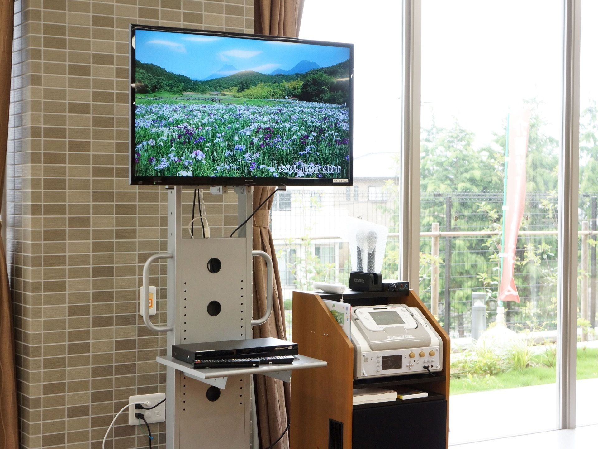 食堂に置かれている大型テレビ。DVDプレーヤーやカラオケ機器も用意されている。奥には大きな窓がある。