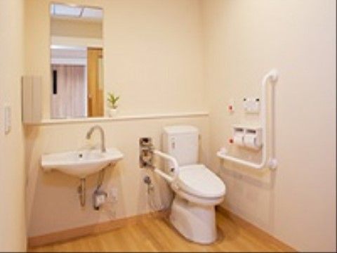 大きな鏡があり広々と使うことが出来る明るい作りのトイレ。手すりもあり、床は木目調、壁は白を基調としている。