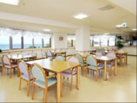 日当たりの良いリビングである。壁一面に手すりが設置されており、その上の窓には白色のレースカーテンが取り付けられている。