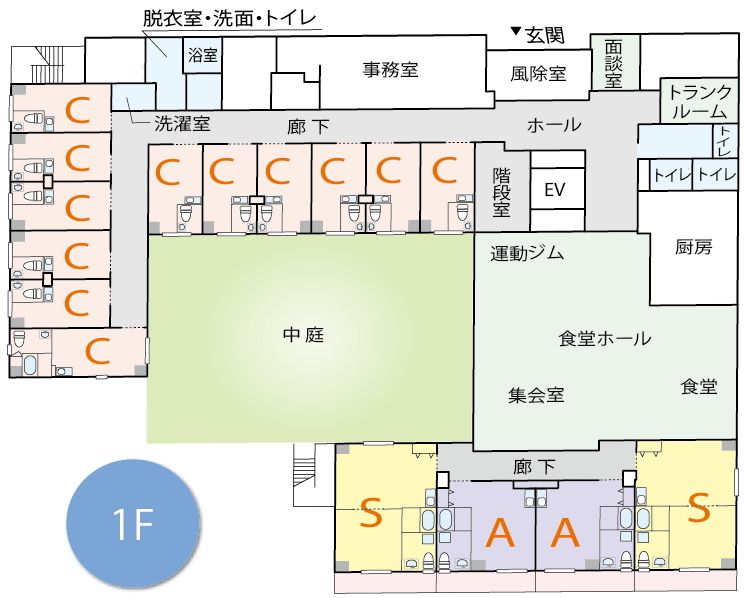 サービス付き高齢者向け住宅 しおさきケアコートの1Ｆのフロアマップ