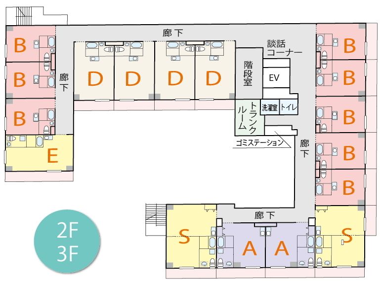 サービス付き高齢者向け住宅 しおさきケアコートの2～3Ｆのフロアマップ