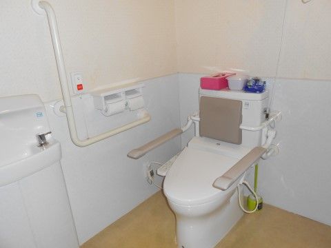 トイレのスペースは広く、車椅子をご利用の方にも楽に使用していただける。便座には跳ね上げ式の手すりと背もたれパッドが付いている。