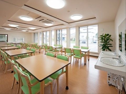 大きな窓のある明るい食堂である。鏡付きの手洗い場が２つ設置されており、部屋の角に観葉植物が置かれている。