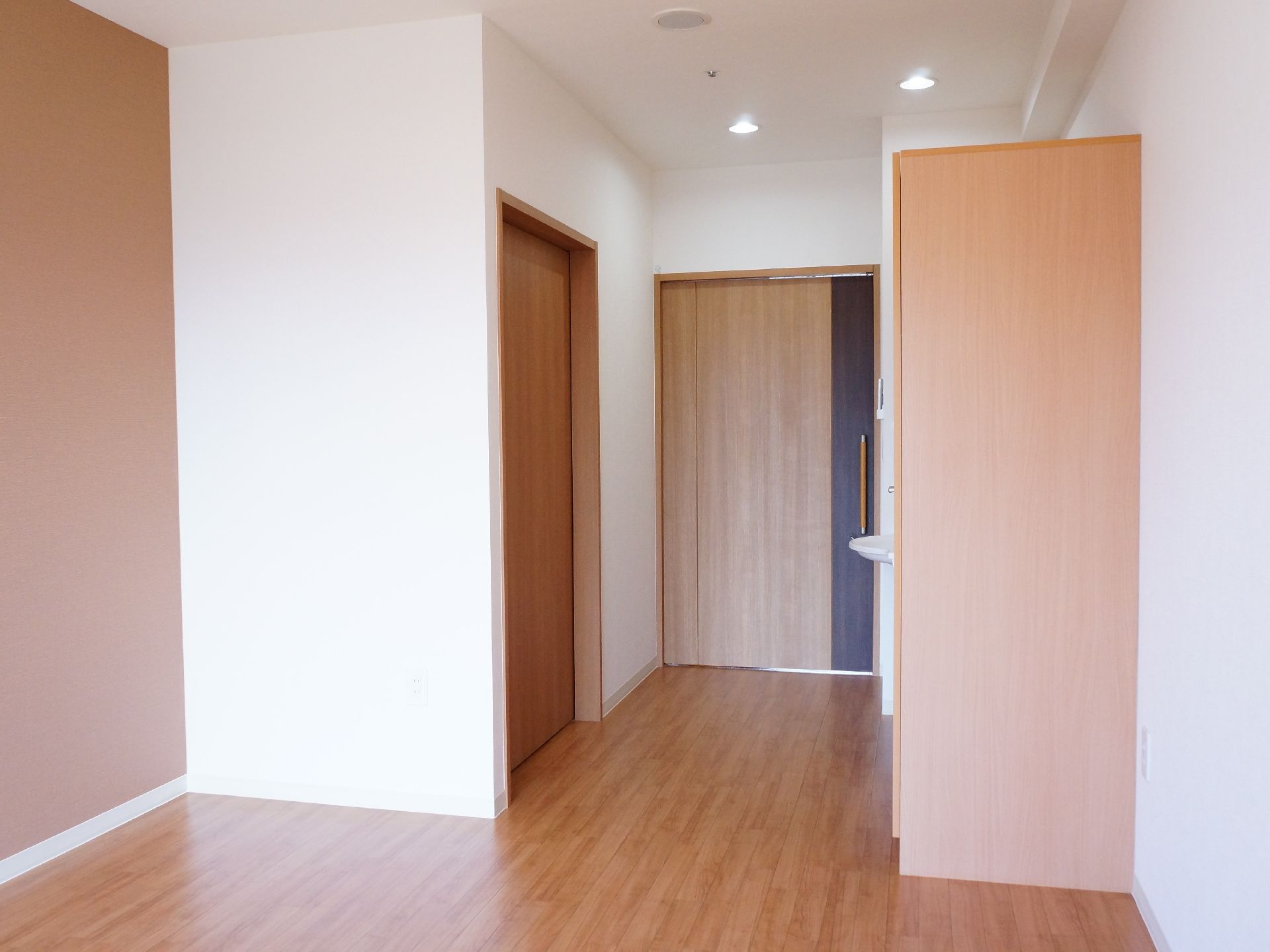 白色と茶色の壁、白色の天井に木目調の床。出入口のドアと内部のドアも木目調になっている。出入口から先に進めば生活スペースが広がっている。
