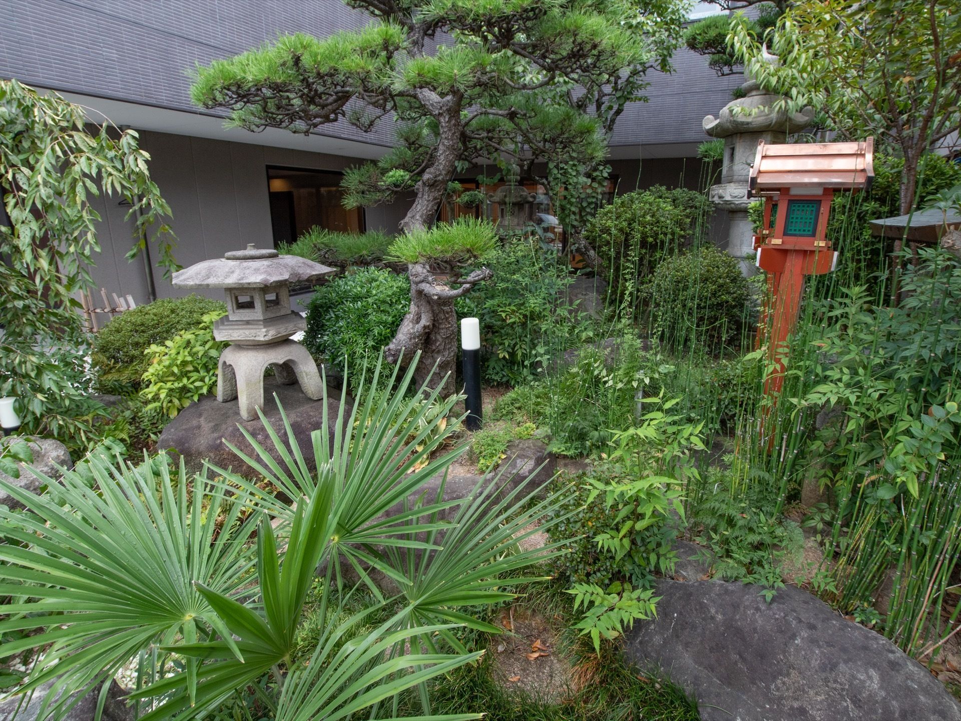 中庭の植栽には、松の木や細い竹などが植えられている。石灯籠や赤い照明があり、夜間用のライトも設置されている。