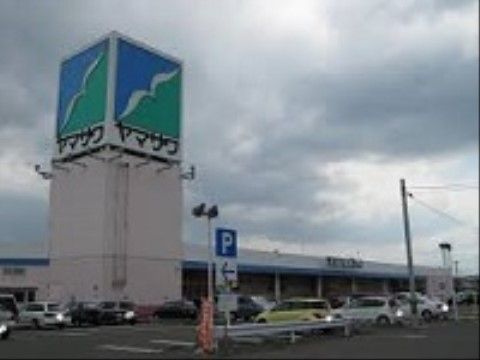 大きな看板が設置されている、広い面積を有したスーパーマーケット。敷地内に充分な駐車スペースを設けている。