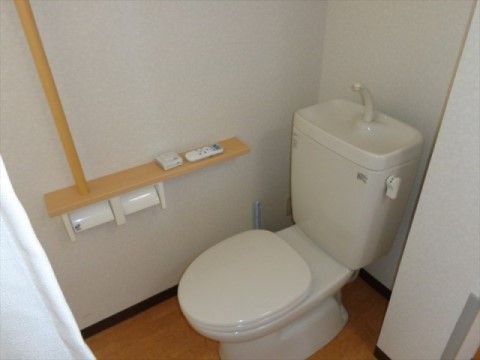 シンプルなつくりで、使いやすいトイレ。白い壁とフローリングの床で清潔感もある。壁には、手すりが設置されている。