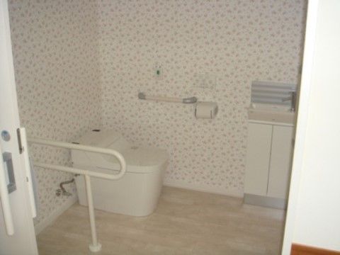 洋式便器の両側に手すりがある。緊急呼び出しボタンも設置されており安心である。低めの洗面台で、どなたでも利用しやすい高さである。