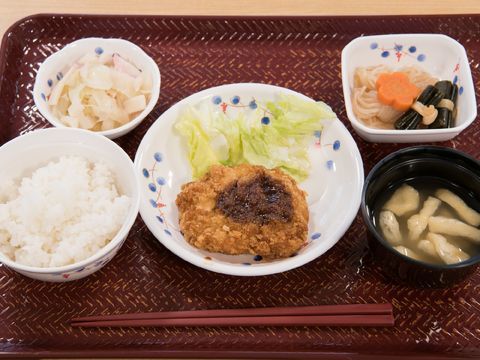編み込んだような柄がついた、朱色のお盆の上にはキャベツを添えた揚げ物を主菜にした和食料理が並んでいる。