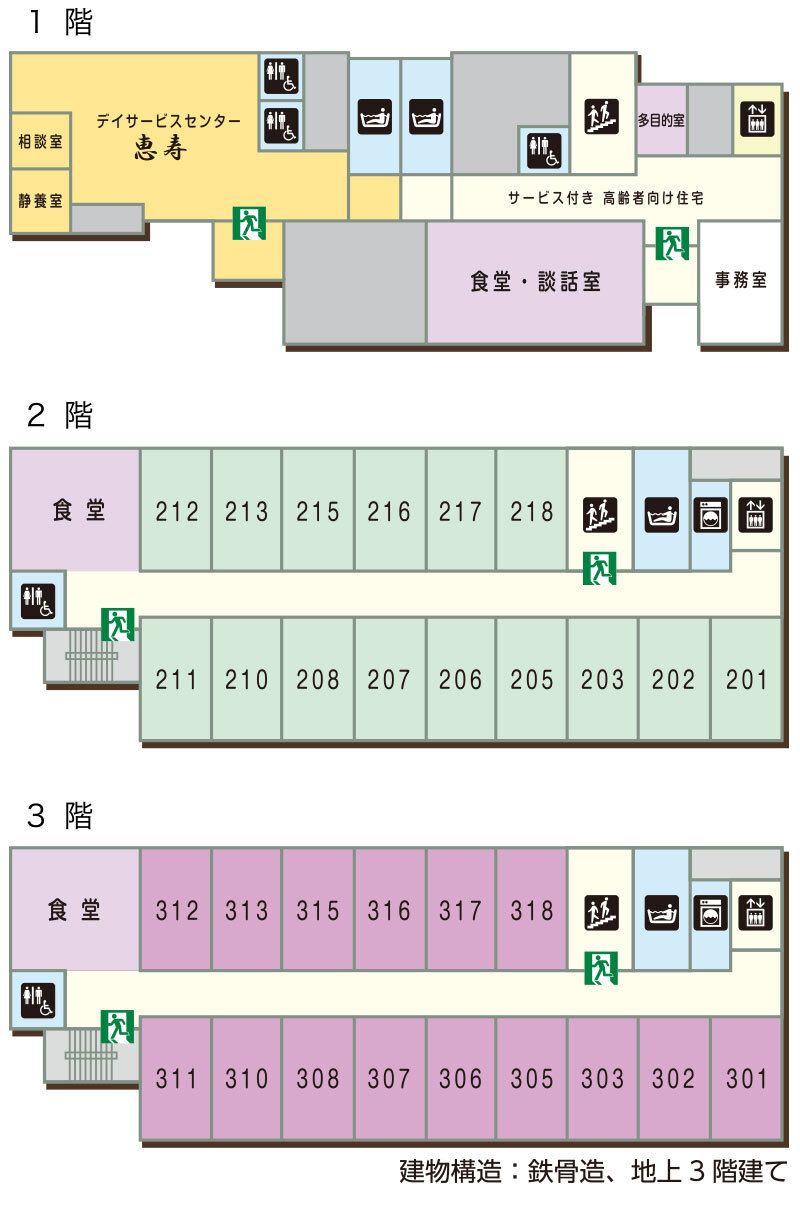 サービス付き高齢者向け住宅 恵寿の1～3階のフロアマップ