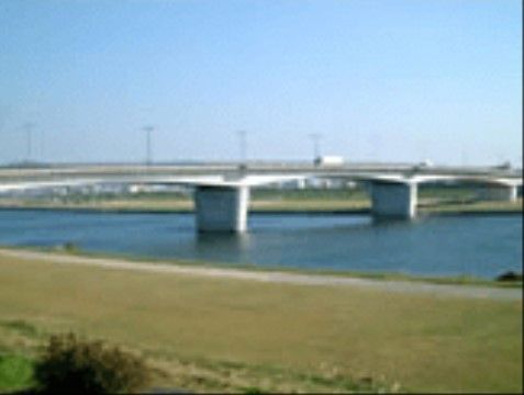 大きな川に白い橋が一本掛かっている。手前には青い芝生が広がり、周りには高い建物がないので見晴らしがよい。