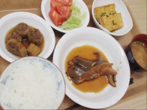 カレイの煮付けや揚げ出し豆腐、炊き合わせ、野菜サラダ、味噌汁、白ごはんである。入居者様に人気の和食メニューである。