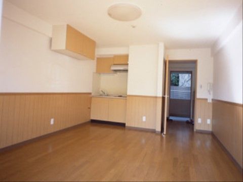 居室はフローリングの洋室である。キッチンがあり、流し台とコンロがついている。流し台の下にはには調理小物を収納できる棚もある。