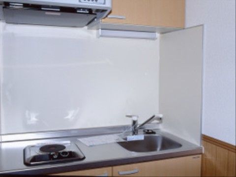 居室内にはキッチンがある。流し台と電気コンロがあるので、簡単な調理をすることができる。調理小物を収納する戸棚もある。