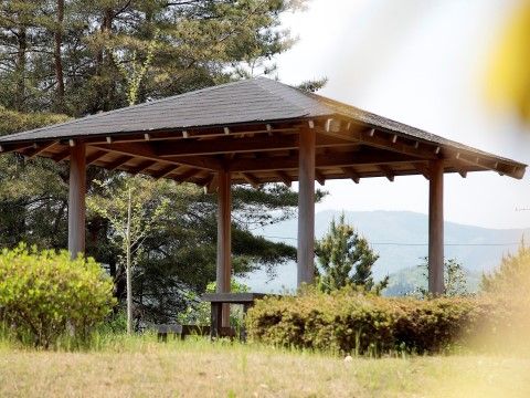 緑の木々に囲まれた東屋があり、自然の風を感じながら入居者様同士、おしゃべりしたり自由な時間を過ごせる。