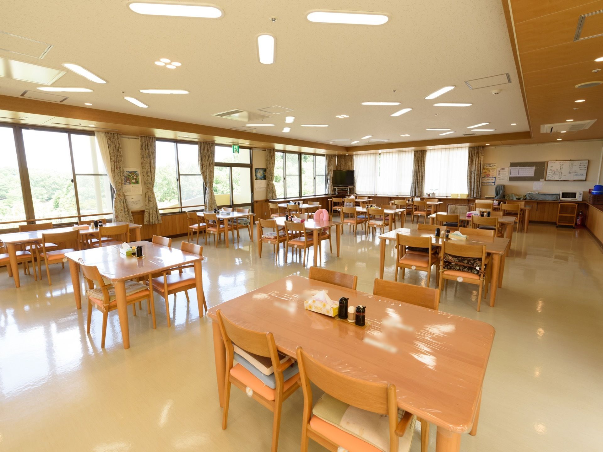 窓が多いので、風通しと日当たりが良い共有スペースである。手すりは、しっかりとどの壁にも備わっている。