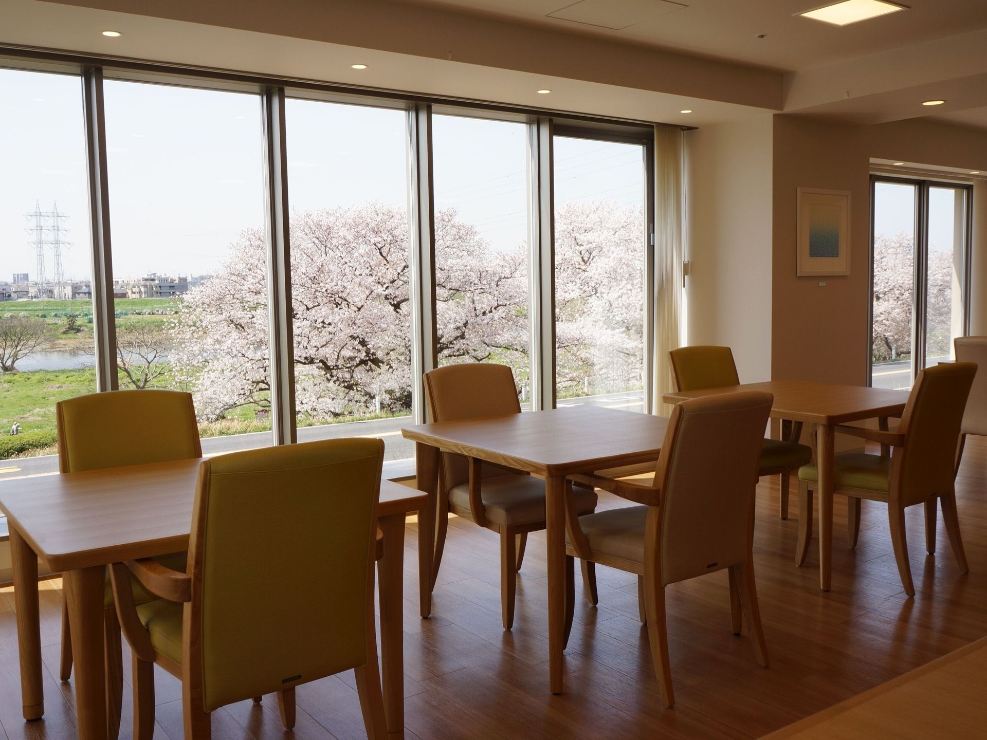 食堂の窓は非常に大きく設計されており、すぐそこに流れる多摩川も見ることができる。春には食堂から桜を眺めることも可能である。