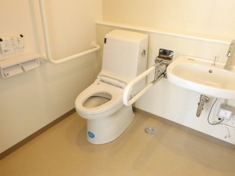 温水洗浄機能付きの洋式トイレの横に、シンプルな洗面台が設置されている。個室内は広いスペースを確保しており、床はフローリングとなっている。