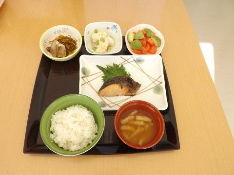 食事の一例。茶色のトレーの真ん中にメインの焼き魚が置かれており、その上に副菜が小鉢に盛られて３つ並んでいる。