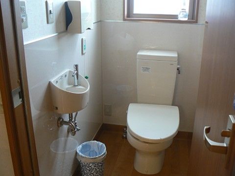 便器の背面には窓があり、自然光が差し込んでいる。トイレ内には手洗い用の小さなボウルがあり、タオルペーパーも取り付けられている。