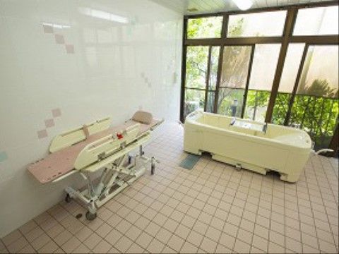 窓の外に緑葉を見ることの出来る、浴槽とストレッチャーが設備された浴室