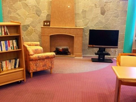 ピンク色の絨毯が敷かれた部屋に、書棚と背中合わせにソファがある。正面奥には両側に緑の柱が見え、その間に暖炉型の暖房とテレビが並んでいる。