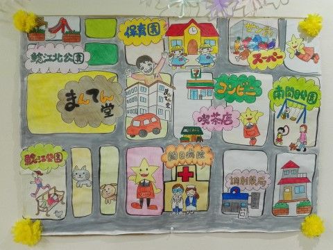 施設内に掲示されている、手描きのイラストで作成された施設周辺の地図