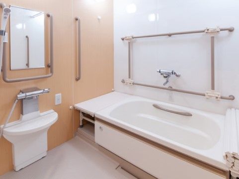 浴槽内や浴槽周り、鏡の周りなど、いたるところに手すりが備え付けられており、立ち座りや出入りを安全に行える浴室である。