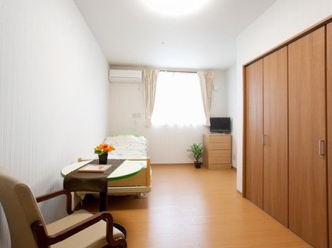 腰高窓にベージュのカーテンとレースカーテンが掛けられている。窓際に小型の薄型テレビと観葉植物が置かれている。