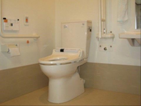 温水洗浄機能付きの洋式トイレで、便器の脇には可動式の手すりが備わっている。壁にも手すりがあり、緊急コールが設置されている。