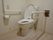 白色と白木調仕様の内装のトイレである。便器の両側には手すりが設置され、壁側はエル型になっている。また、ナースコールが取り付けてある。