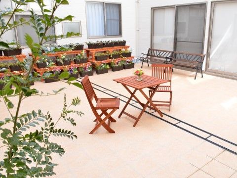日当たりの良い庭にはデッキテーブルと椅子がある。花が植えられたプランターが数多く置かれ、日光浴や花を楽しむことができる。