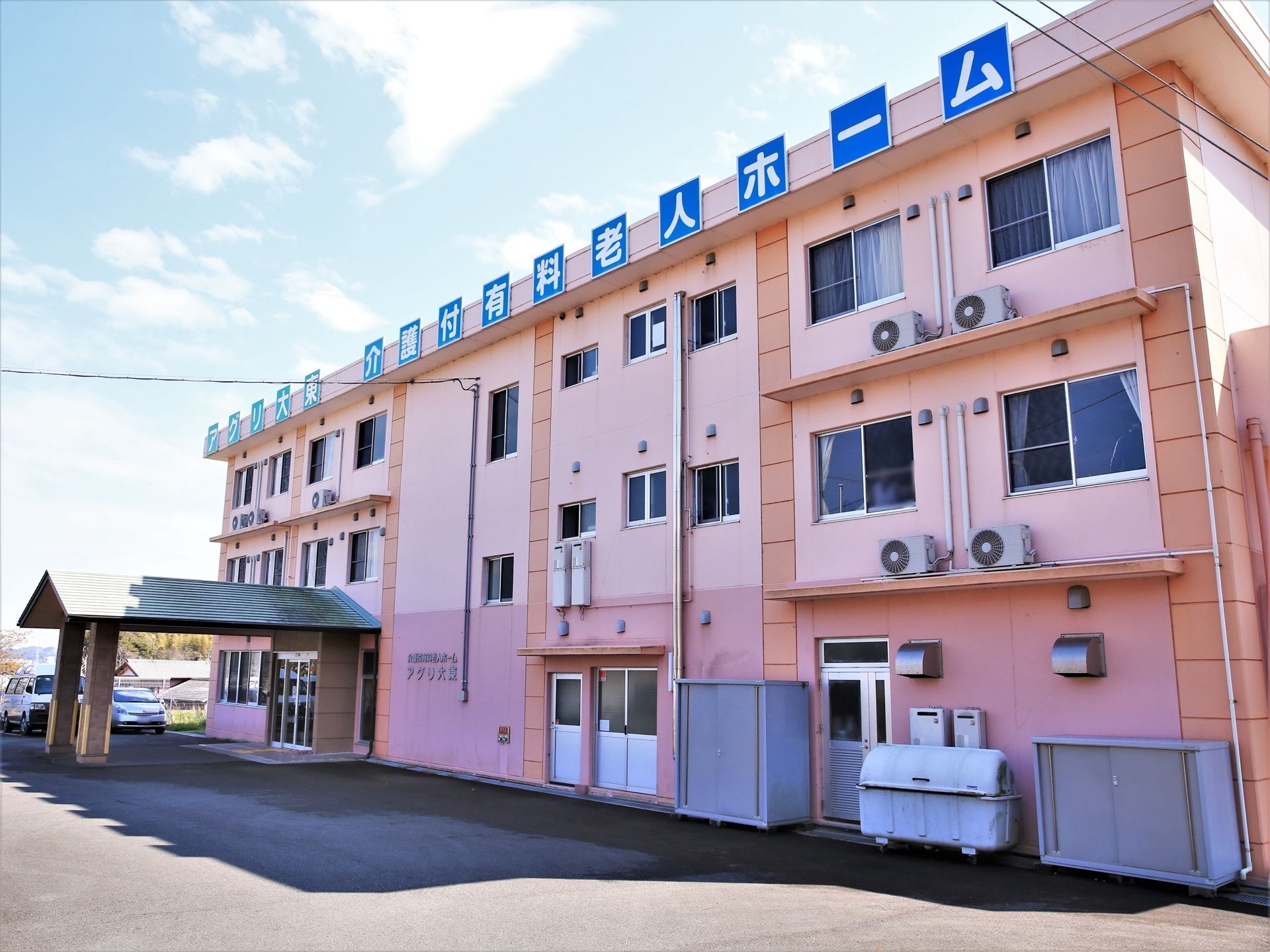 淡いピンク系の３階建ての建物である。エントランスには大きな屋根が完備されている。周辺はアスファルトで舗装されている。