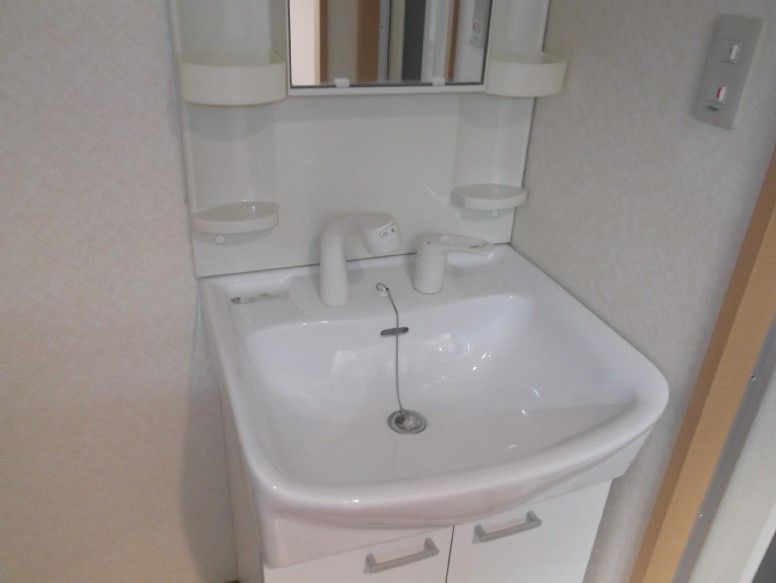 ドアの側に置かれた白い洗面化粧台には、洗髪シャワー水栓も付いている。鏡の両サイドや下に小物収納があり、キャビネットにも色々収納ができる。