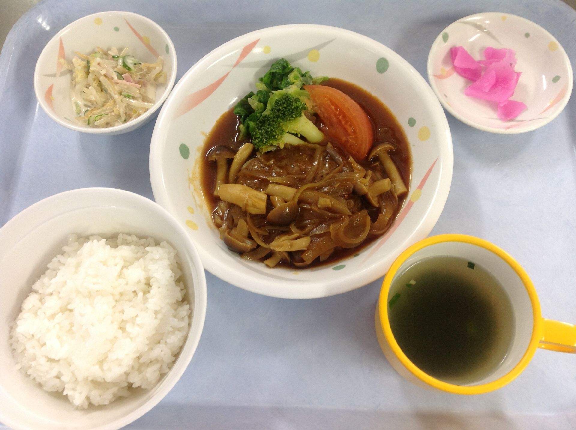お米にスープ、野菜がたっぷりと入った煮込みハンバーグ、サラダ、漬物と、栄養バランスに配慮した食事が並んでいる。