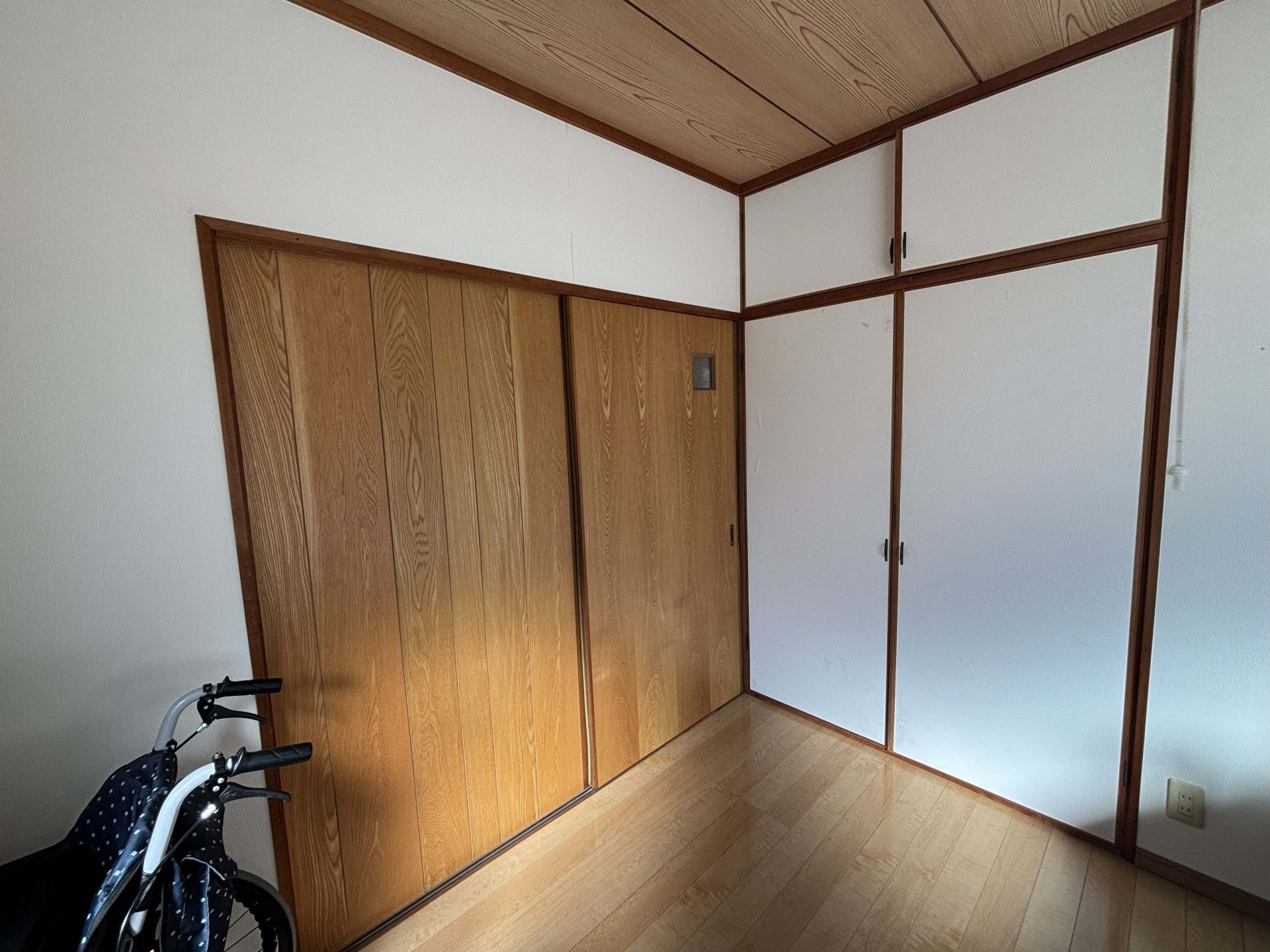 白い花の咲く道を散歩する車椅子に乗った高齢女性とヘルパー