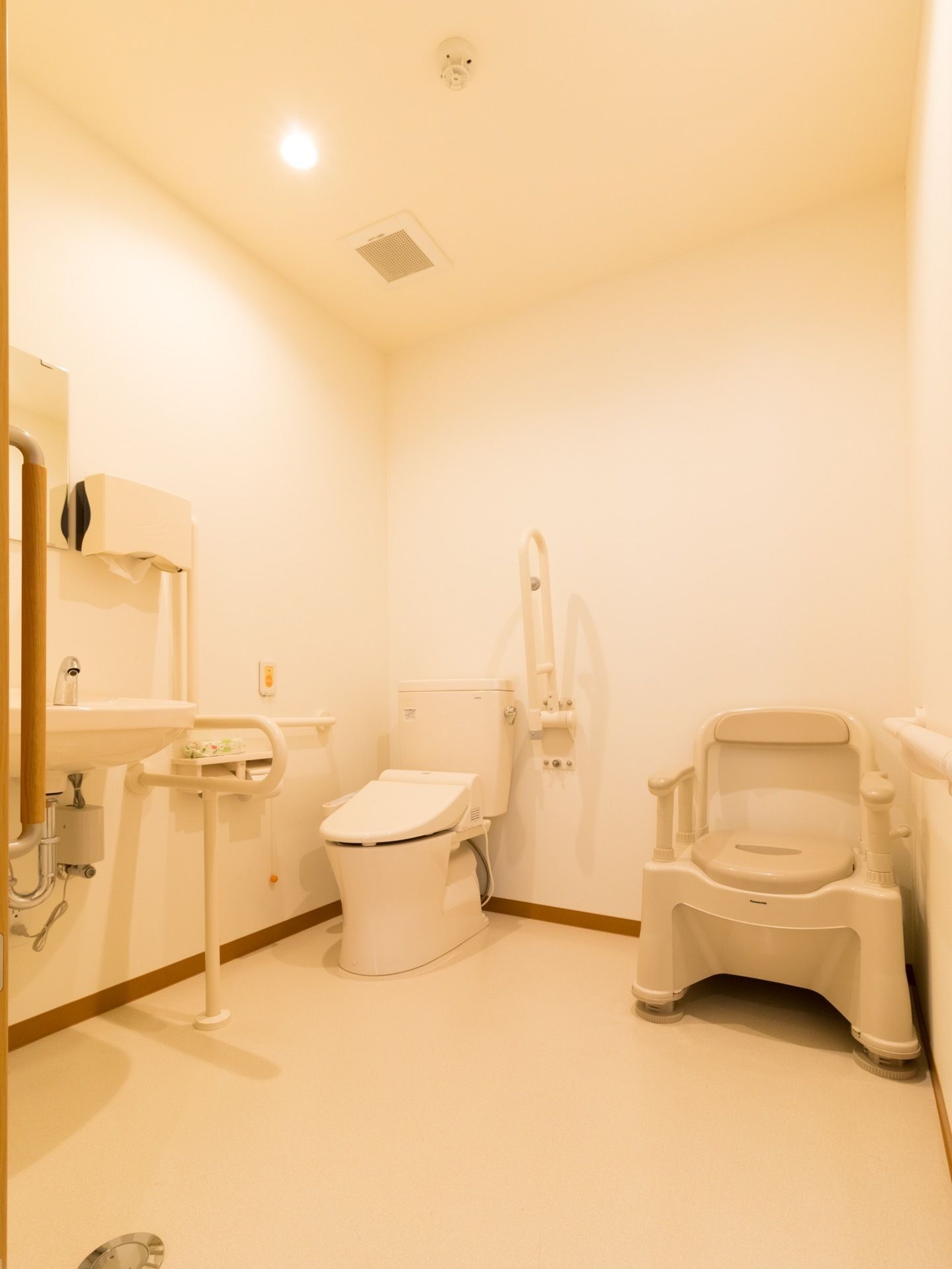 奥行きのある室内には、二種類のトイレが設置されている。一つは、ごく一般的な便座付き便器である。もう一つは、肘置き付きのトイレである。