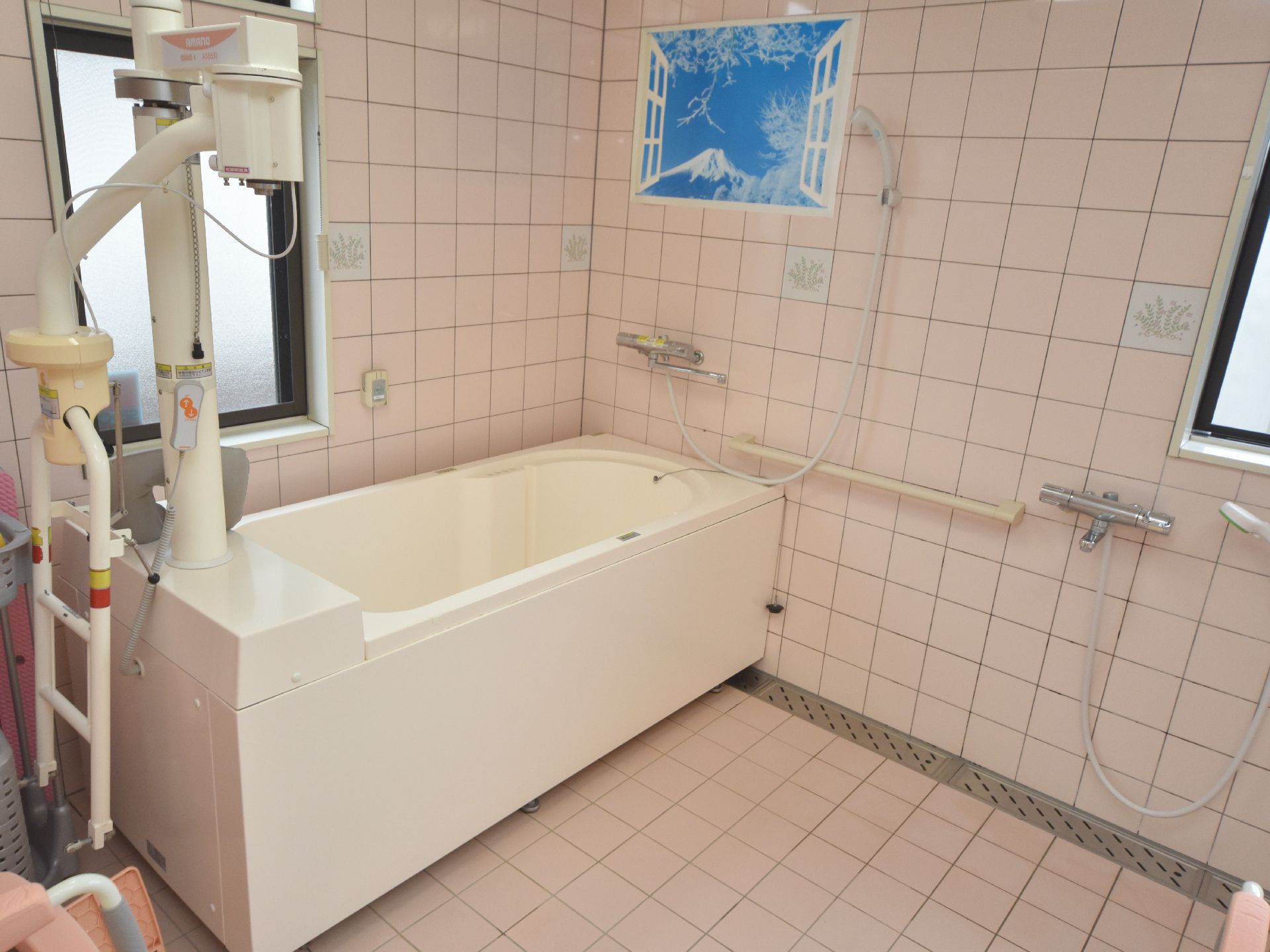 浴室の床と壁は淡いピンク色のタイル張りである。左側の壁には窓があり、右側には山の景色が描かれた窓の絵がある。