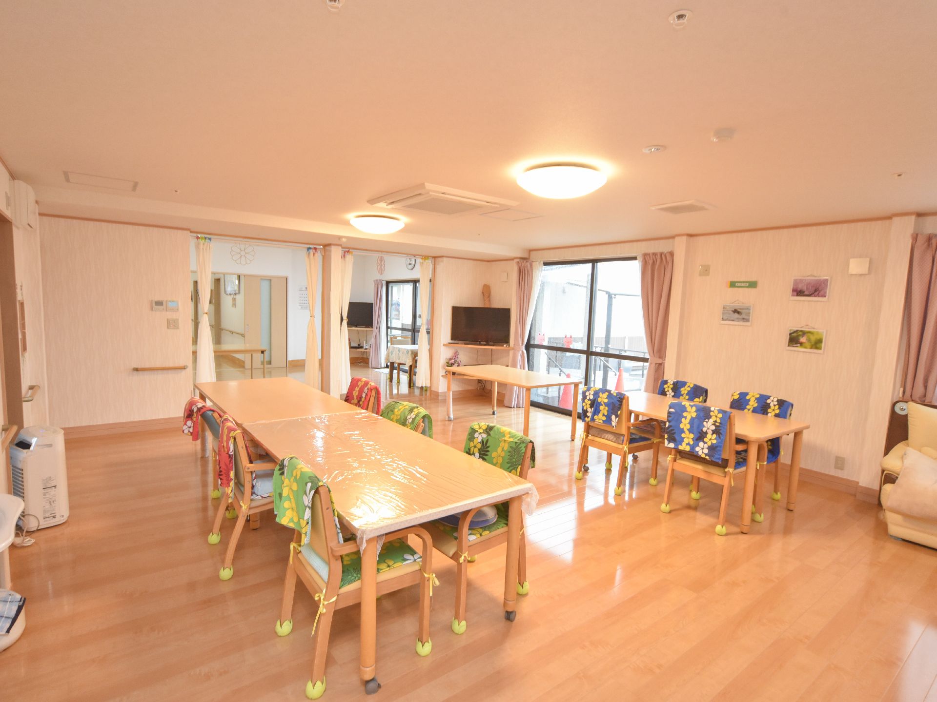 共有スペースには1方向の壁に掃き出し窓があり、ピンク色のカーテンが掛けられている。左側にはテレビが設置されている。