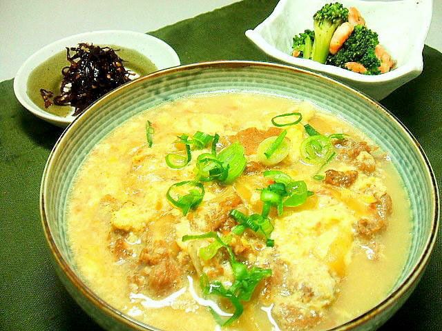 玉子とじとブロッコリーと海老のソテーと昆布の佃煮