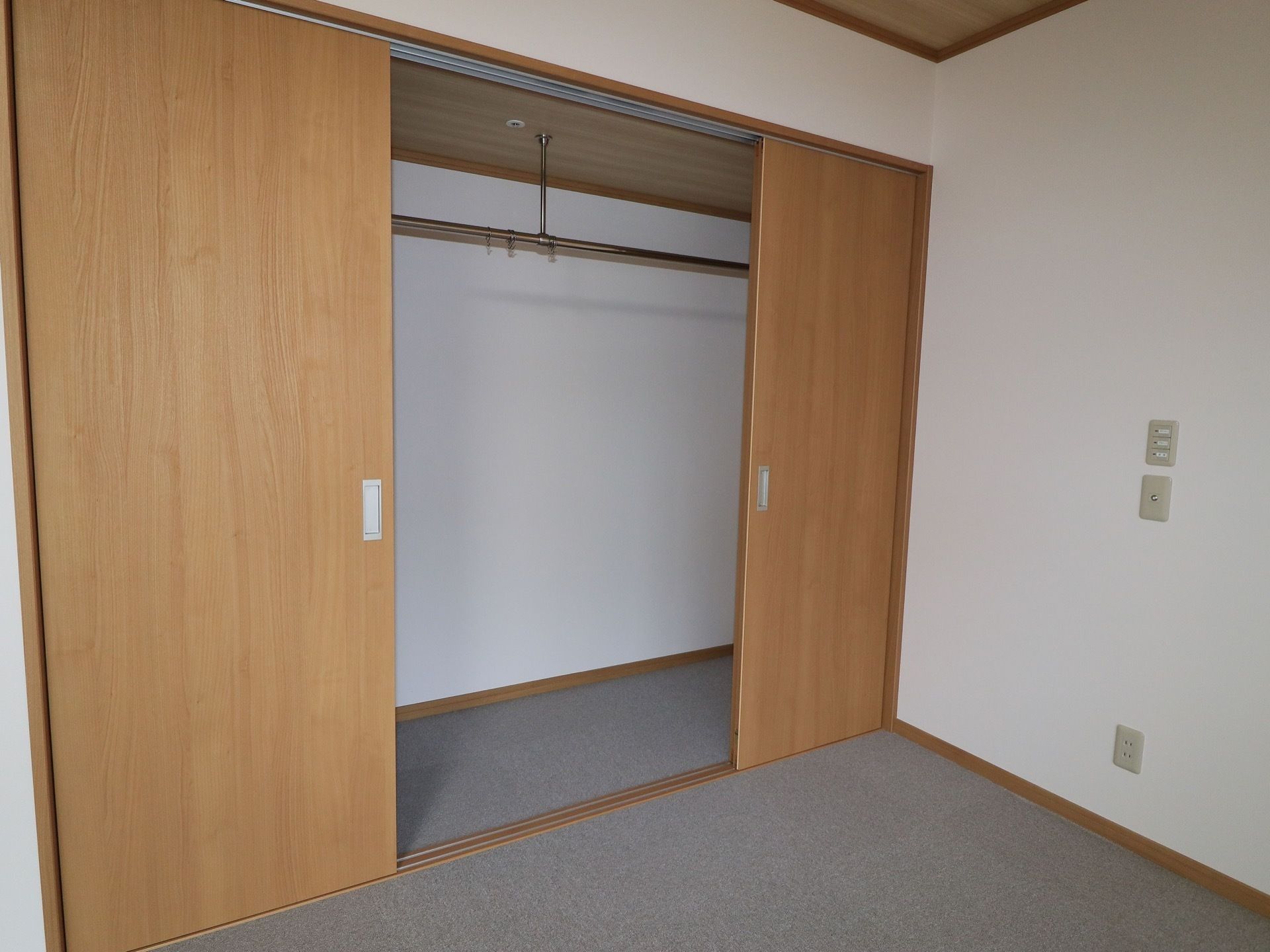 居室の壁一面に大きなクローゼットが設置されている。居室の床とクローゼットの内部は絨毯敷きになっている。内部には渡し棒がついている。