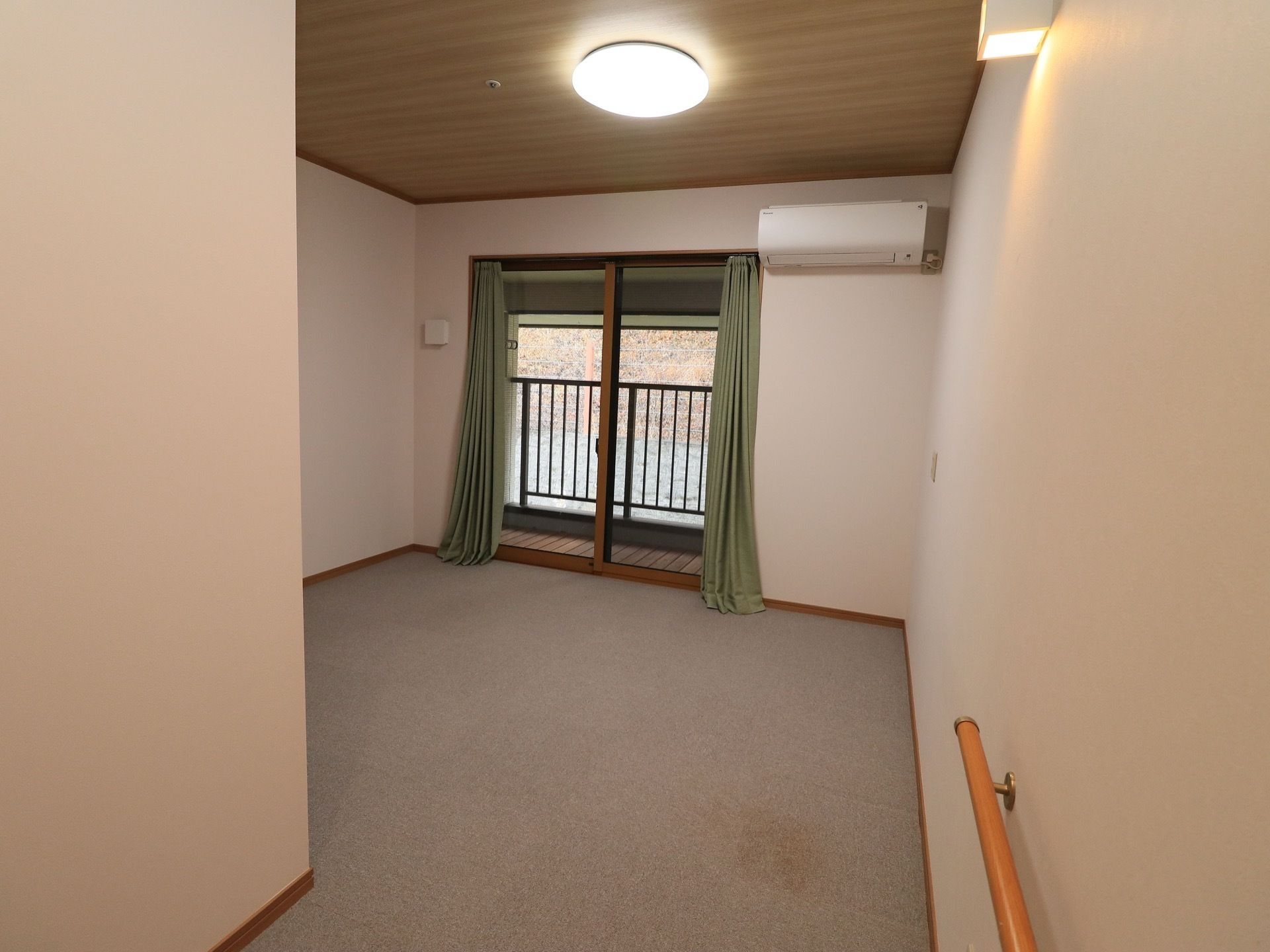落ち着いたグレーの絨毯敷きの床と、木目調の天井のある居室。大きな窓からは外の景色が望める。入口付近の壁には手すりがある。