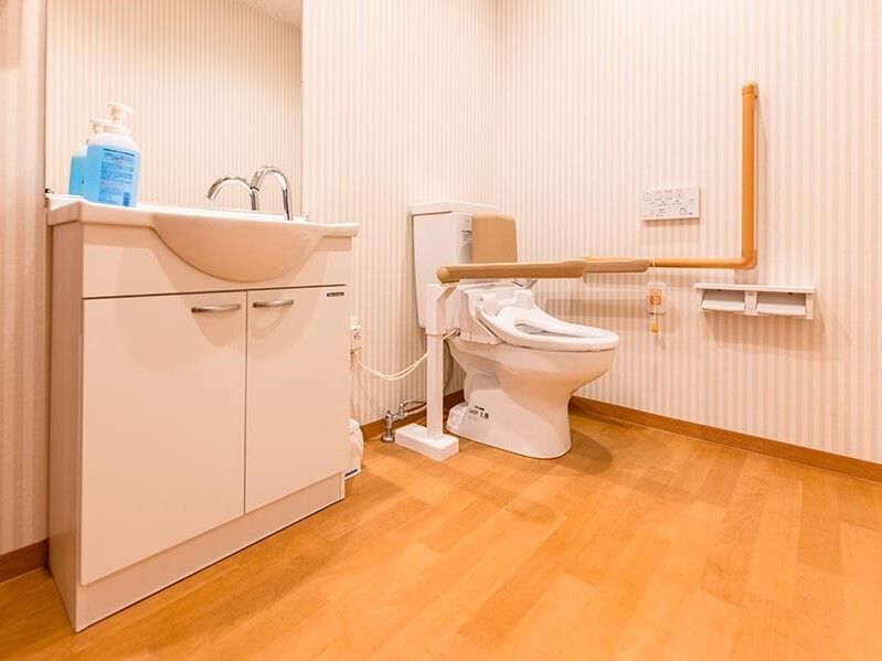 手すりと背もたれ、オレンジの呼び出しボタンも付いているトイレは広く、手洗い場もある。