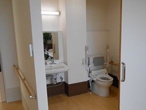 フローリングの居室には、トイレと洗面台が設置されている。白い引き戸になったドアがあり、壁には手すりが付いている。