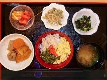 食事のメニューの一例である。膳の上に、そぼろご飯、野菜の煮物、酢の物、フルーツ、汁物のお椀が置かれている。