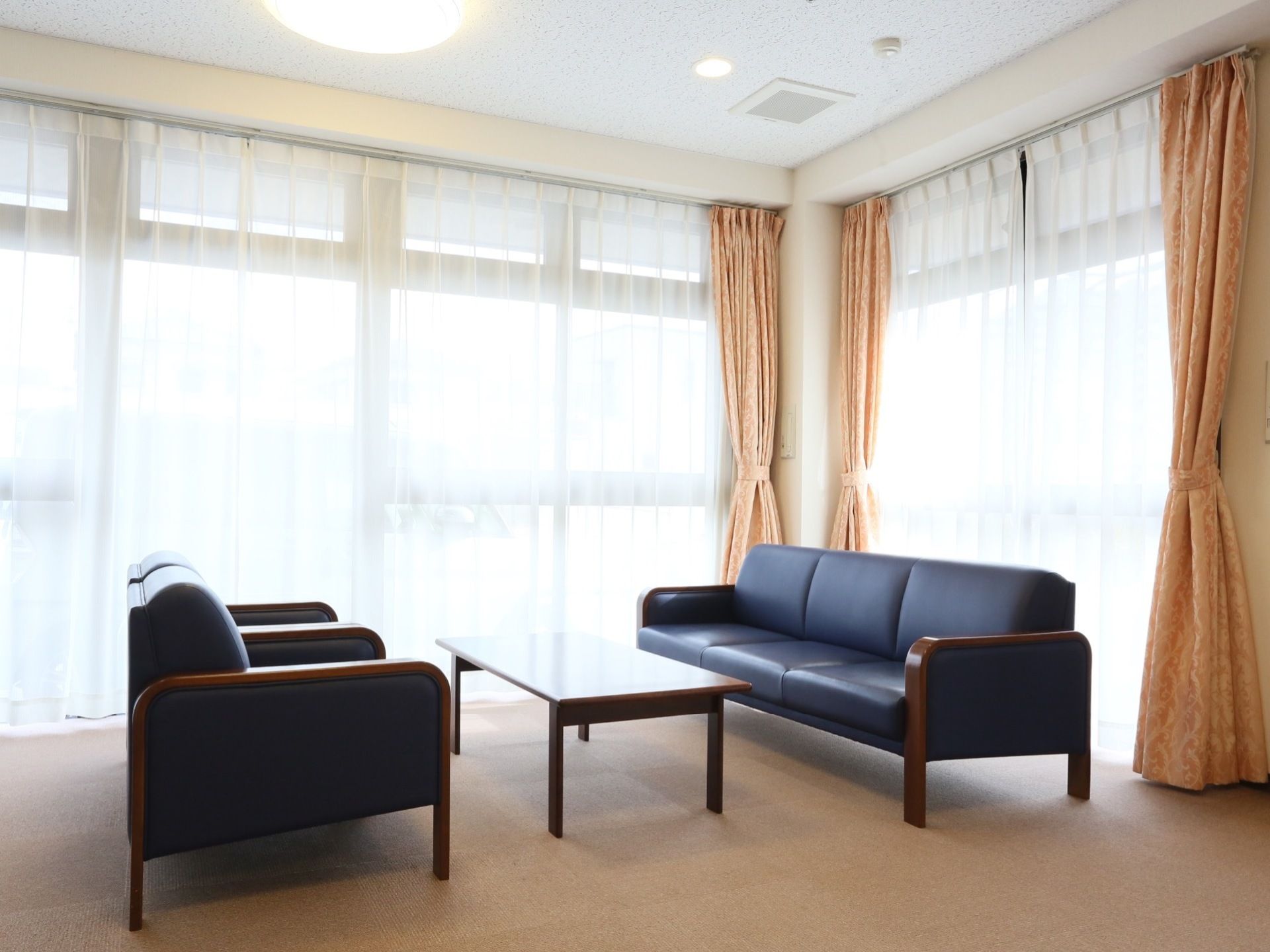 壁の２面に大きな窓がある部屋である。ソファとローテーブルが置かれていて、明るい日差しが部屋に差し込んでいる。