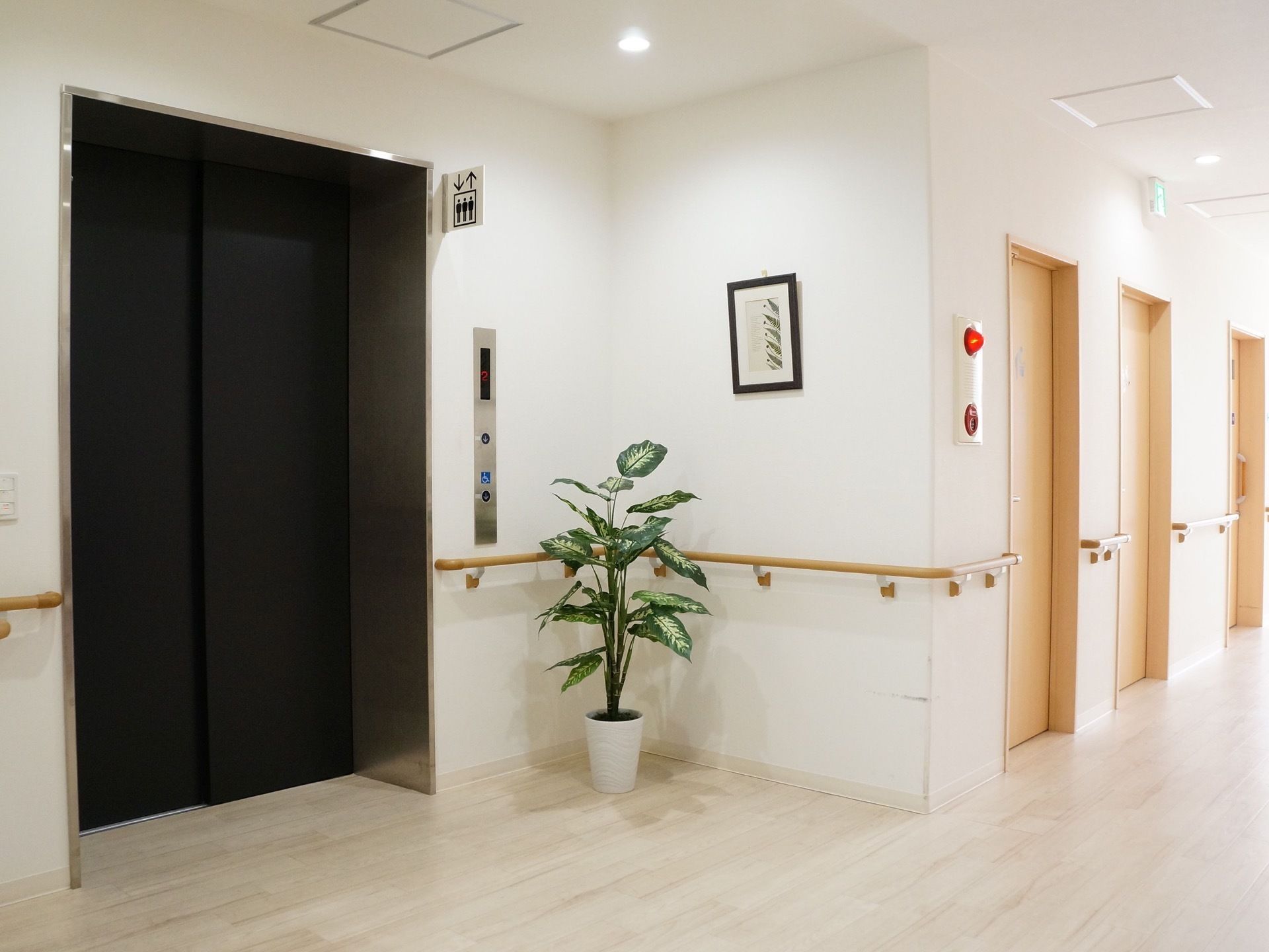 廊下の配色は白を基調としている。壁には手すりが設置されている。廊下の一角に黒色のエレベーターが設けられている。